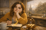 AI generated image of a woman daydreaming in a coffee shop, writing in a notebook with golden light and sparkles, in warm gold tones
