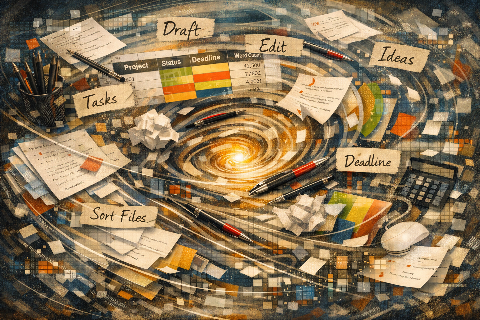 Abstract swirl of papers and spreadsheet fragments representing creative chaos and organisation.