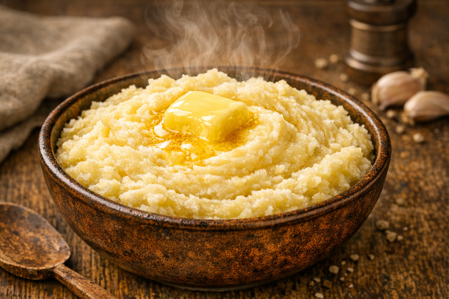 A bowl of golden buttery mashed potato with melting butter on top, served in a dark wooden bowl with a wooden spoon, warm lighting.
